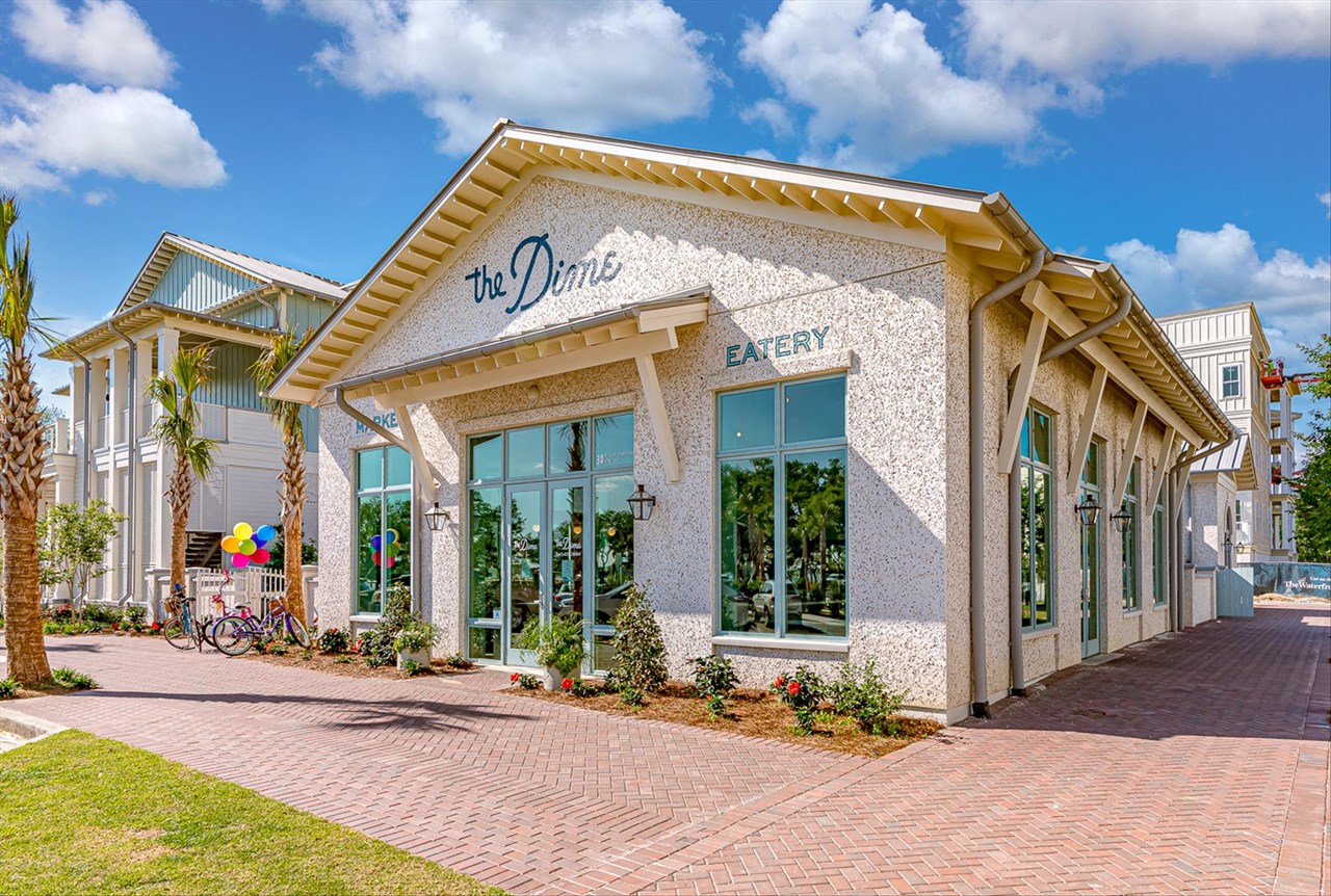 the waterfront  this is the dime,l situated at the waterfront right down the street from daniels landing condos.  grab your morning coffee, bagel, sandwich or brick oven pizza!  also sells gelato, muffins, wines and charcuterie!